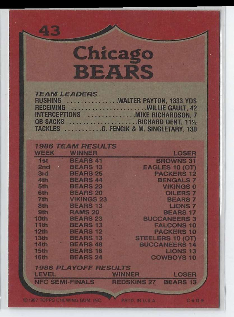 1986 Topps Chicago Bears