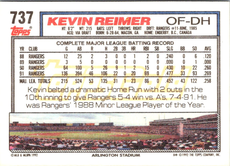 1992 Topps Gold Winners Kevin Reimer