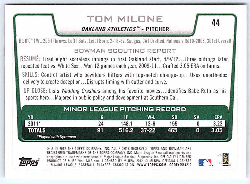 2012 Bowman Tom Milone