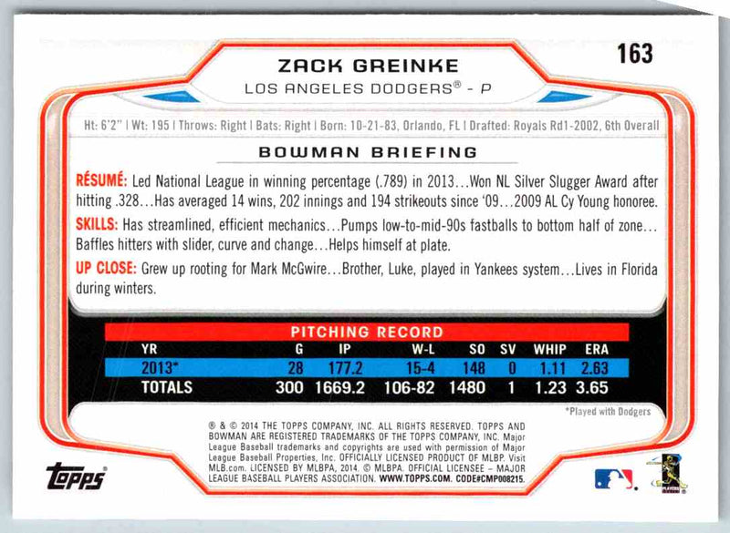 2014 Bowman Zack Greinke