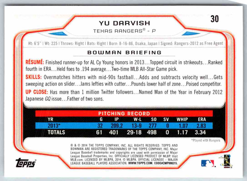 2014 Bowman Yu Darvish