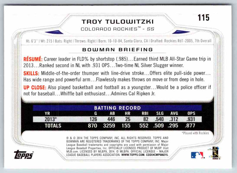 2014 Bowman Troy Tulowitzki