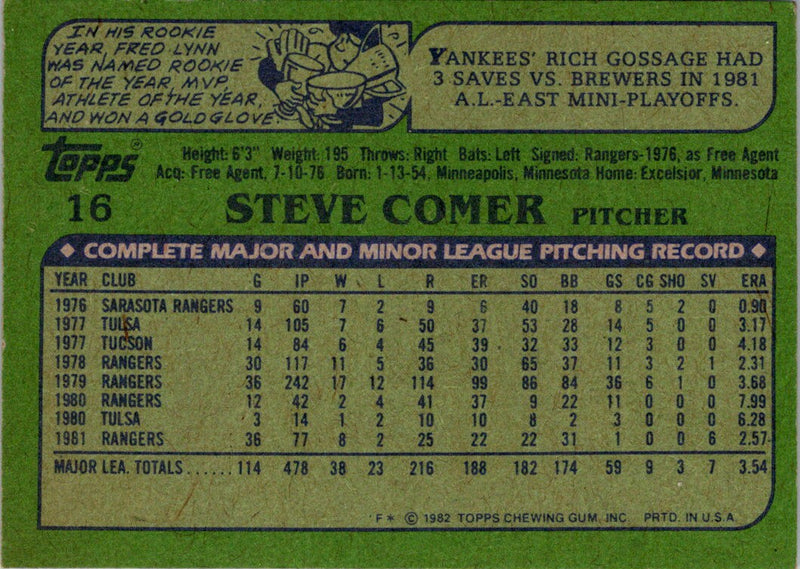 1982 Topps Steve Comer