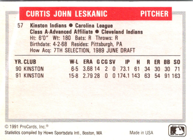 1991 ProCards Tomorrow's Heroes Curt Leskanic