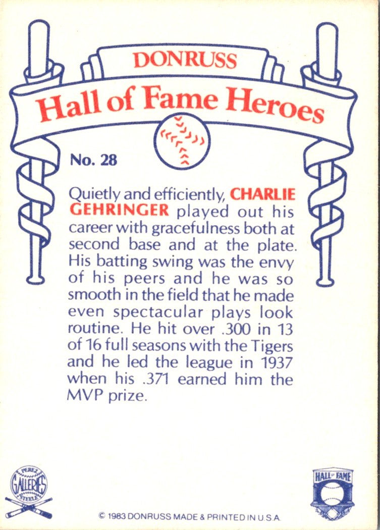 1983 Donruss Hall of Fame Heroes Charlie Gehringer