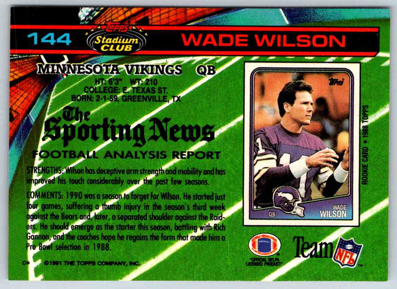 1991 Topps Stadium Club Football Wade Wilson