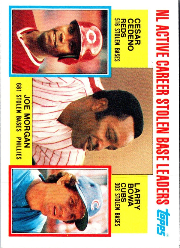 1984 Topps NL Active Career Stolen Bases Leaders - Joe Morgan/Cesar Cedeno/Larry Bowa #705