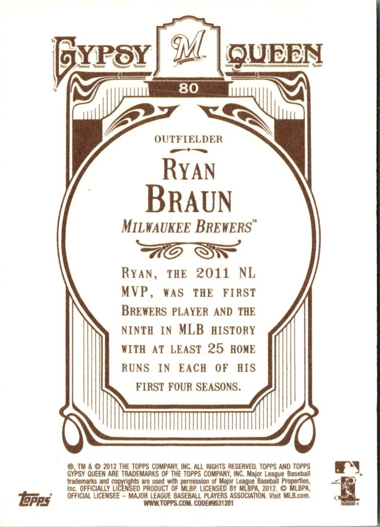 2012 Topps Gypsy Queen Framed Gold Ryan Braun