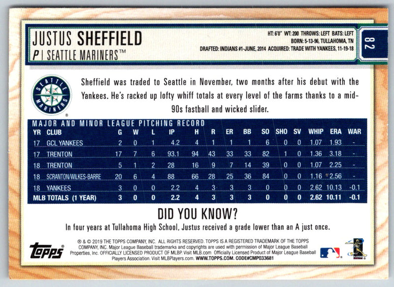 2019 Topps Big League Justus Sheffield