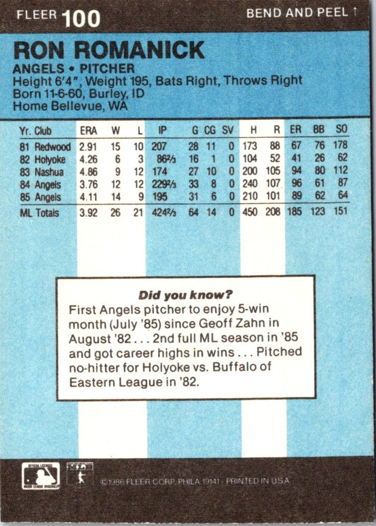 1986 Fleer Star Stickers Ron Romanick