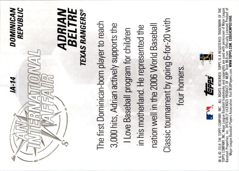 2018 Topps Update An International Affair Black Adrian Beltre