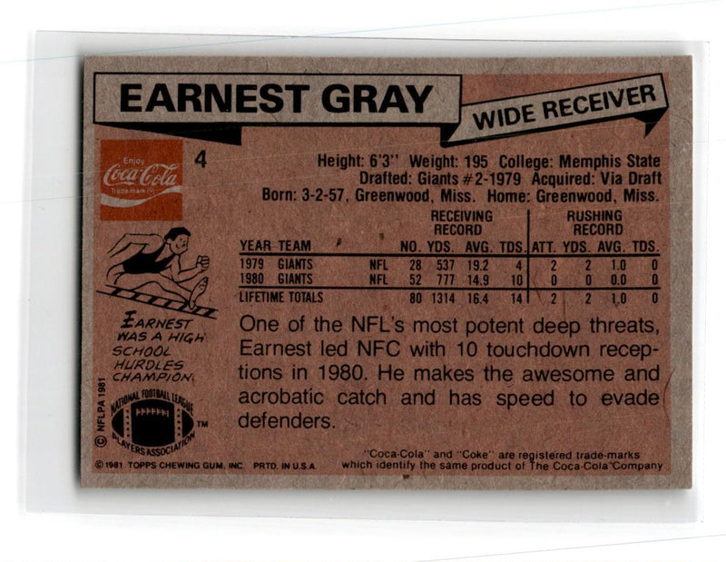 1981 Topps Coca-Cola New York Giants Earnest Gray