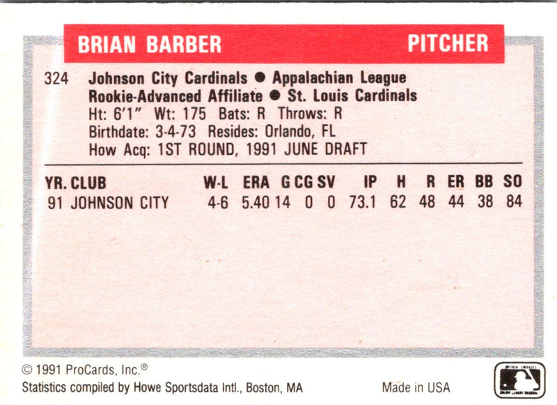 1991 ProCards Tomorrow's Heroes Brian Barber