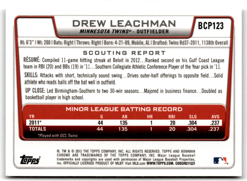 2012 Bowman Chrome Prospects Drew Leachman