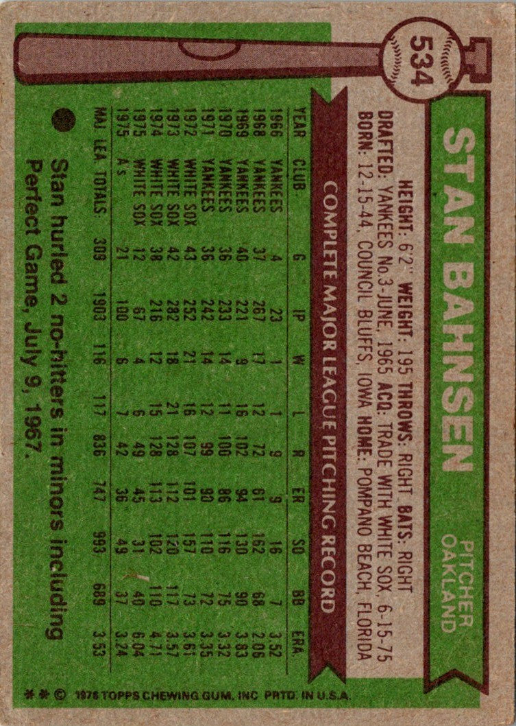 1976 Topps Stan Bahnsen