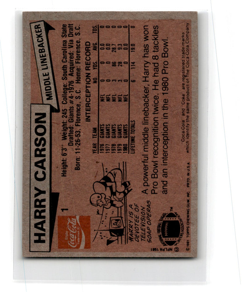 1981 Topps Coca-Cola New York Giants Harry Carson