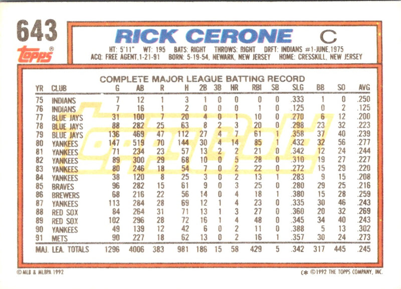 1992 Topps Gold Winners Rick Cerone