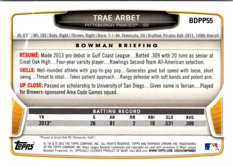 2013 Bowman Draft Picks & Prospects Chrome Trae Arbet