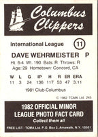 1982 TCMA Columbus Clippers Dave Wehrmeister #11
