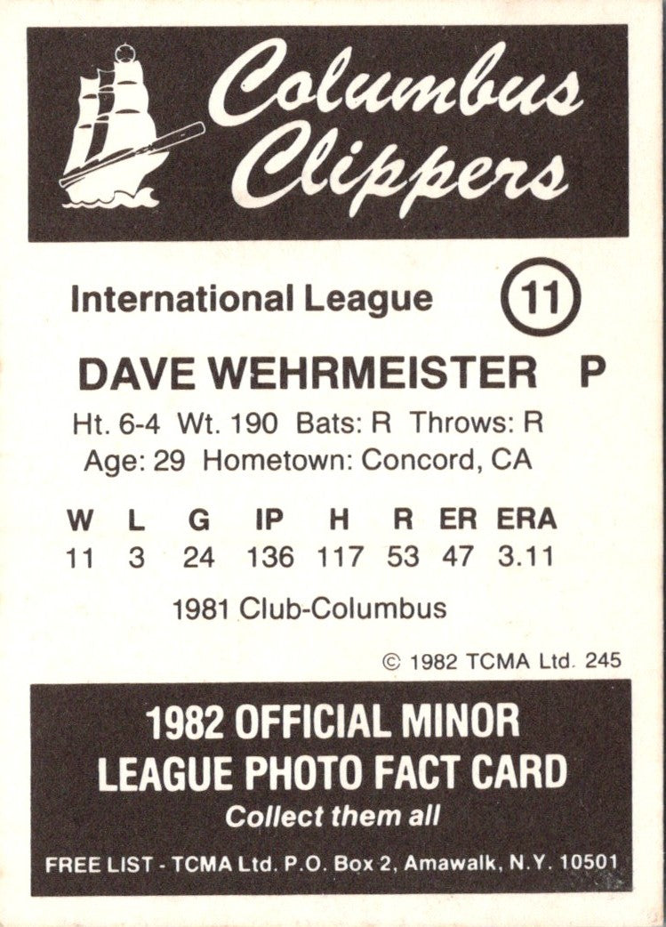 1982 TCMA Columbus Clippers Dave Wehrmeister