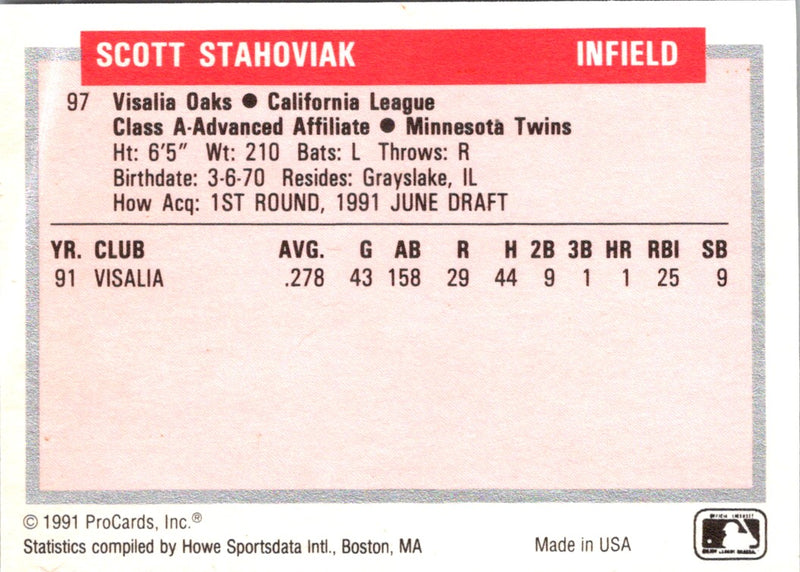 1991 ProCards Tomorrow's Heroes Scott Stahoviak