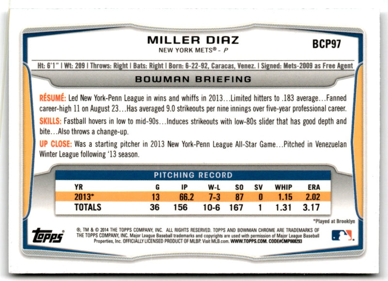 2014 Bowman Chrome Prospects Miller Diaz