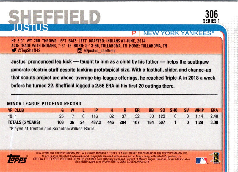 2019 Topps Justus Sheffield