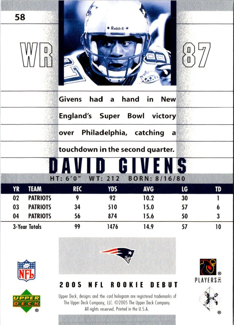 2005 Upper Deck Rookie Debut Gold 100 David Givens