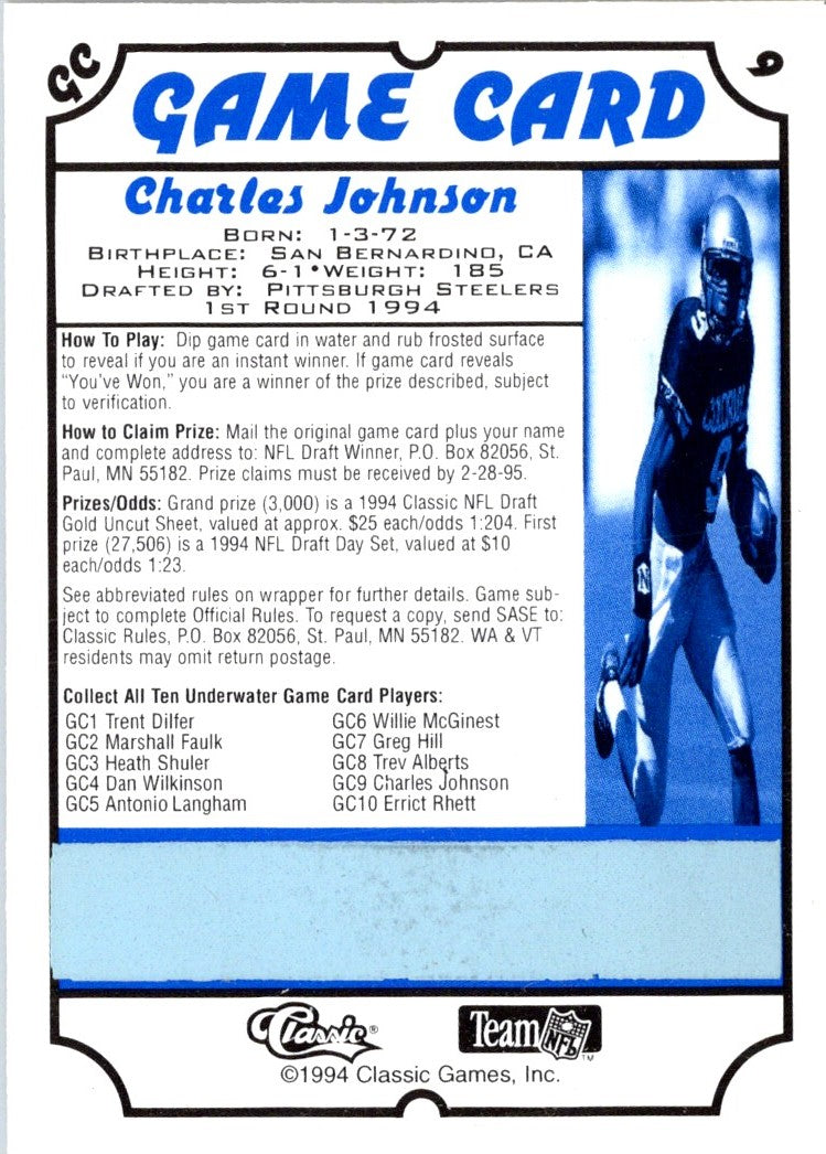 1994 Classic NFL Draft Game Cards Charles Johnson