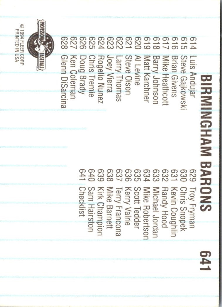 1994 Fleer ProCards Birmingham Barons Checklist