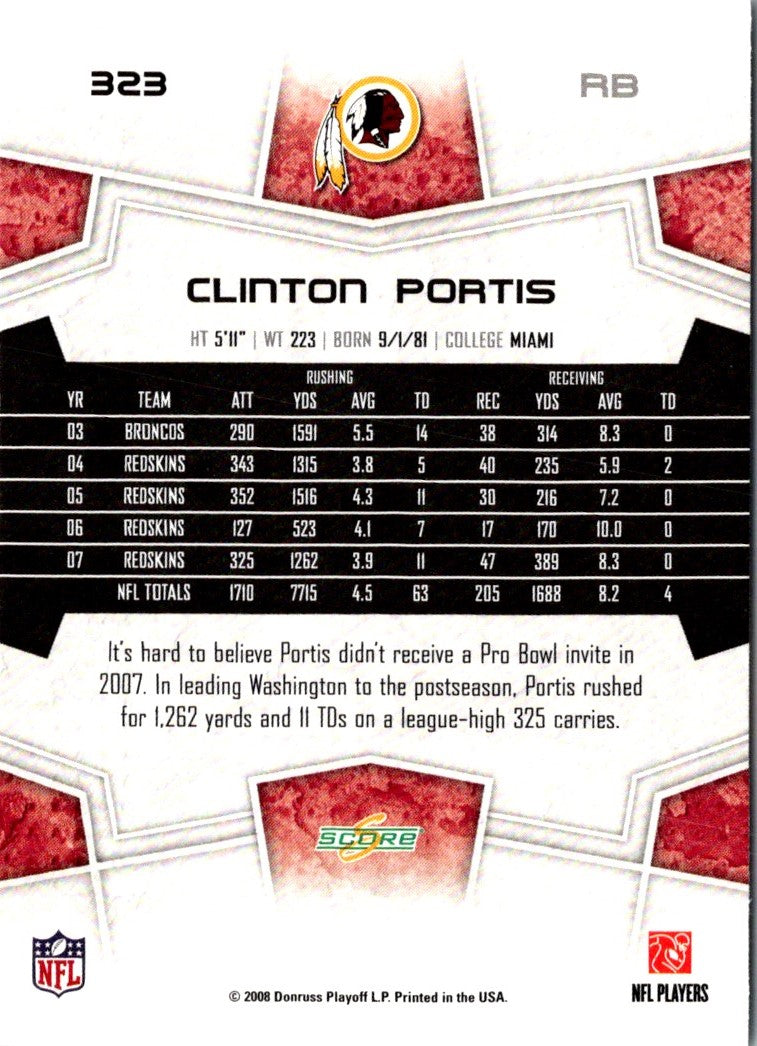 2008 Score Super Bowl XLIII Clinton Portis