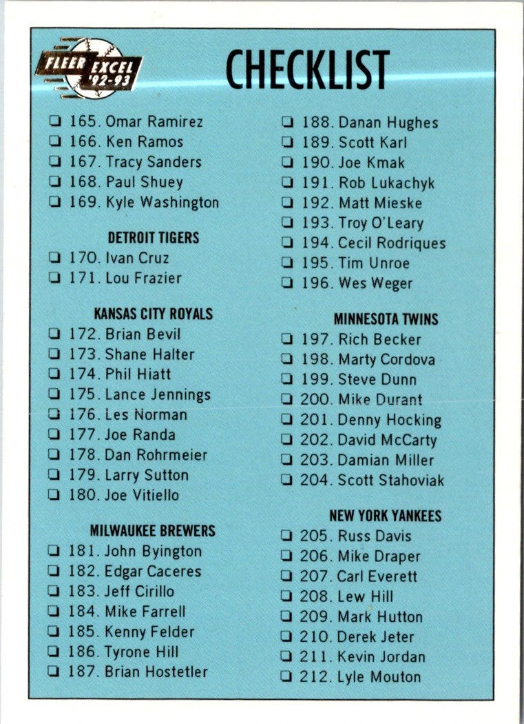 1992 Fleer Excel Checklist (165-250)