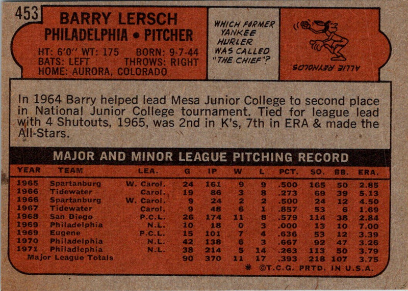 1972 Topps Barry Lersch