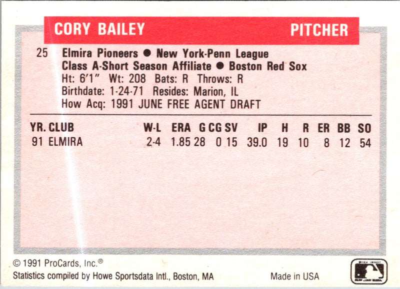 1991 ProCards Tomorrow's Heroes Cory Bailey