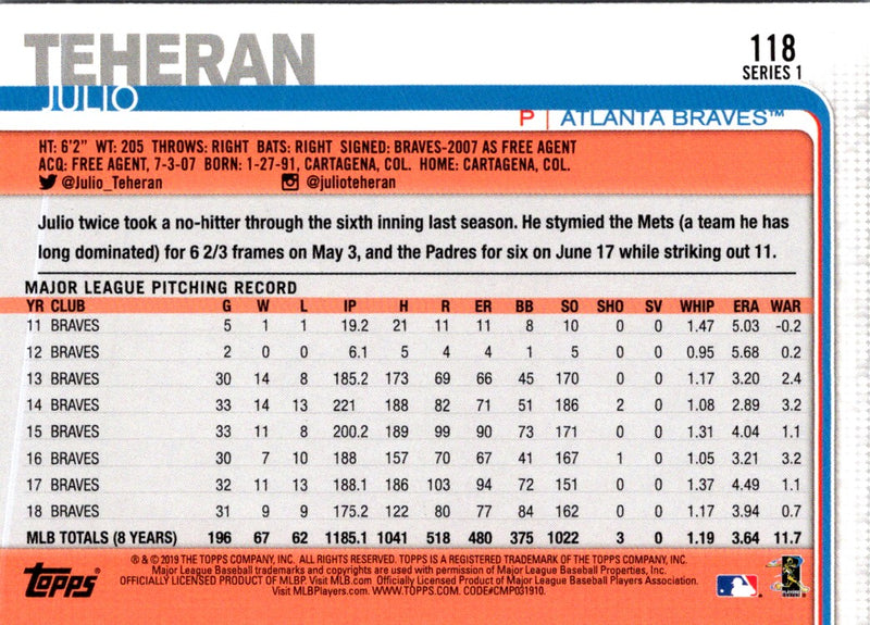 2019 Topps Julio Teheran