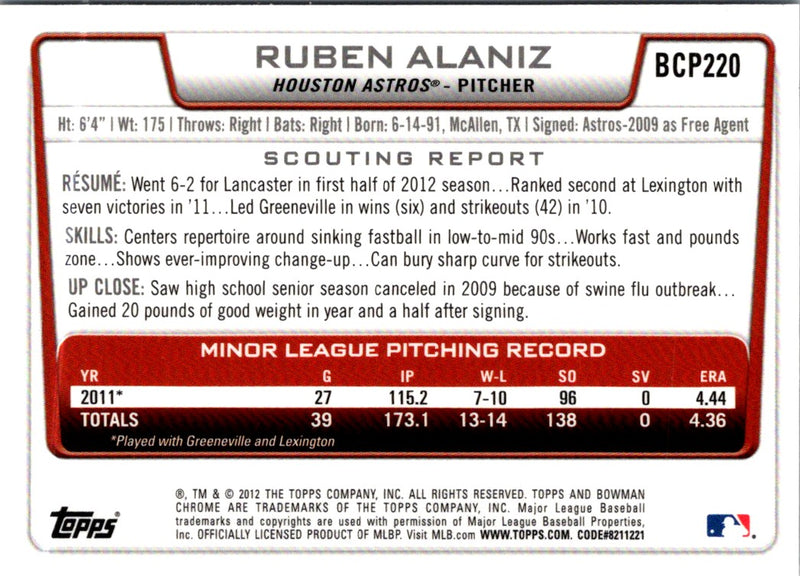 2012 Bowman Chrome Prospects Ruben Alaniz