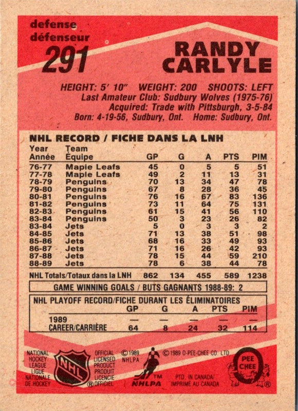 1989 O-Pee-Chee Randy Carlyle #291