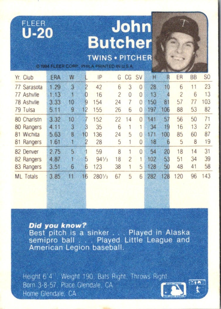 1984 Fleer Update John Butcher