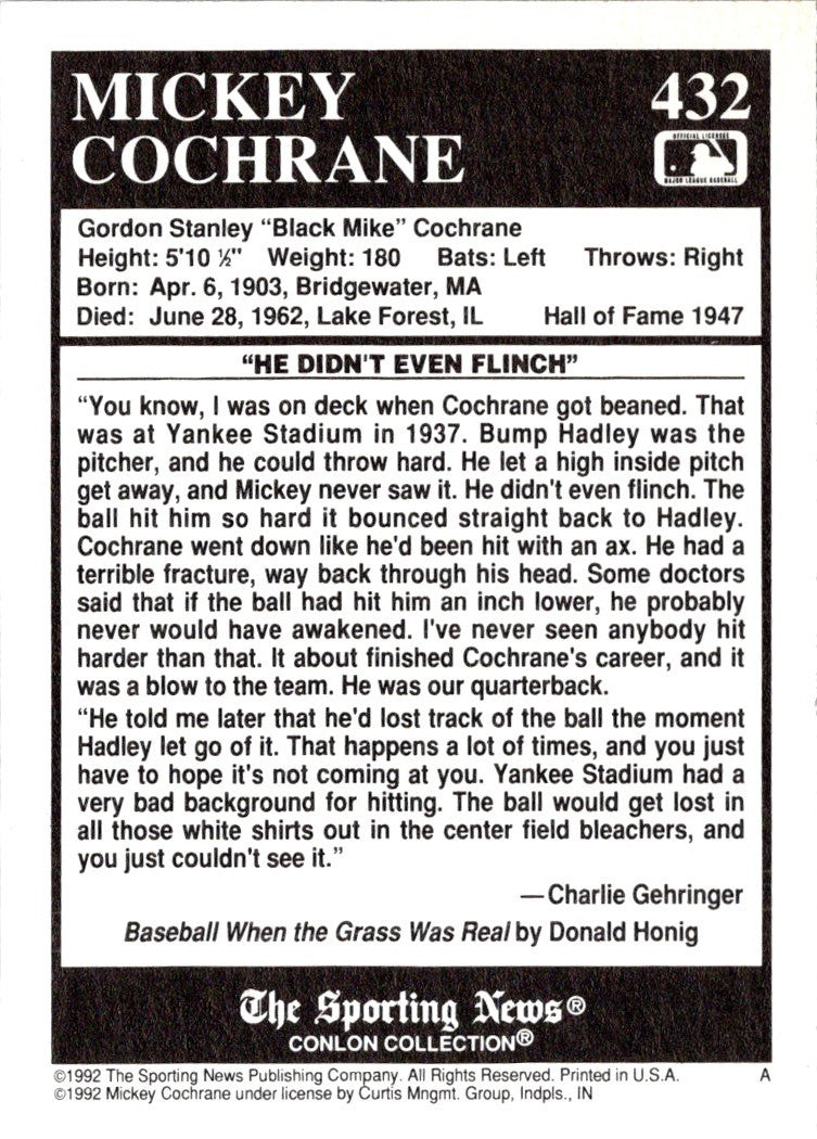 1992 Conlon Collection TSN Mickey Cochrane