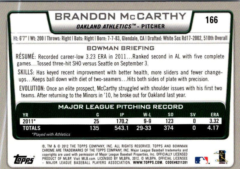 2012 Bowman Chrome Brandon McCarthy