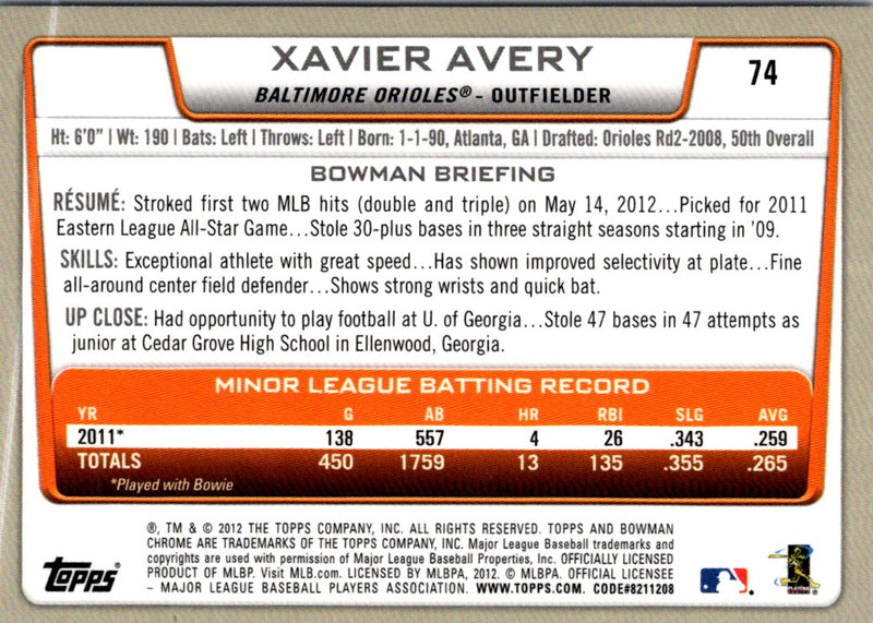 2012 Bowman Chrome Xavier Avery