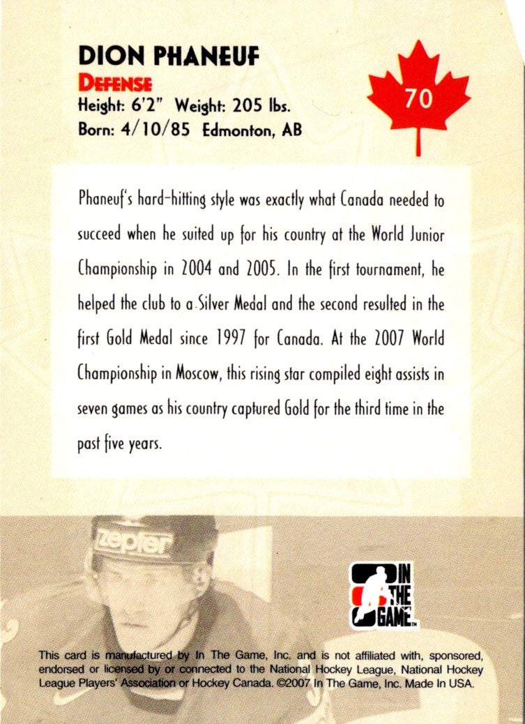2007 In The Game O Canada Dion Phaneuf