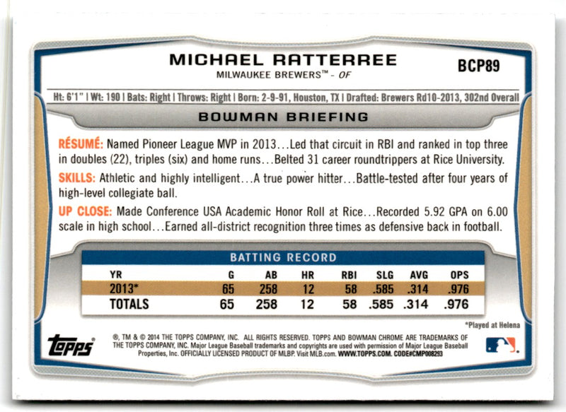 2014 Bowman Chrome Prospects Michael Ratterree