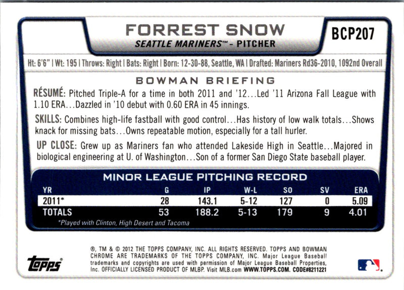 2012 Bowman Chrome Prospects Forrest Snow