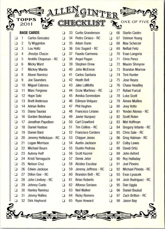 2011 Topps Allen & Ginter Checklists Checklist Checklist 1- #ONE