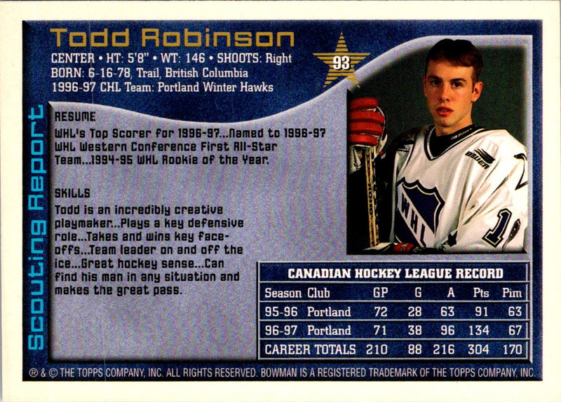 1997 Bowman CHL Todd Robinson