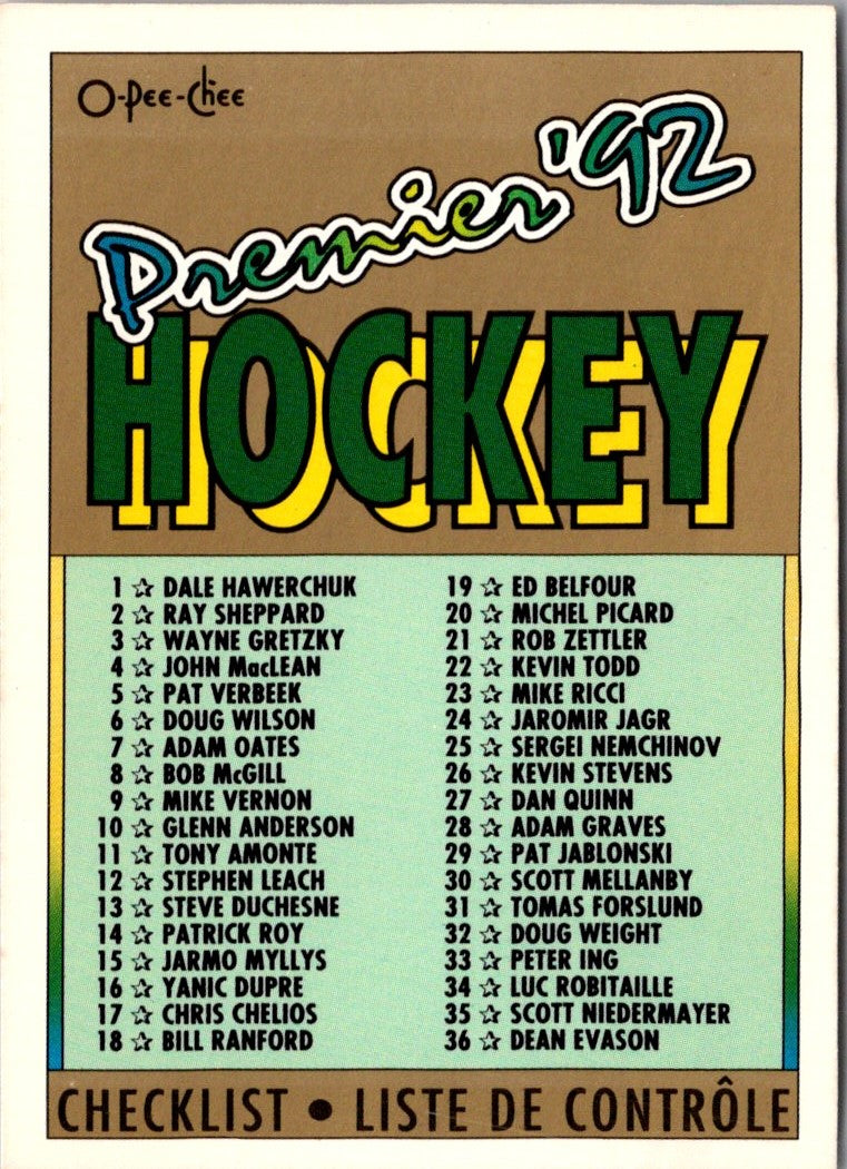 1991 O-Pee-Chee Premier Checklist 1-99