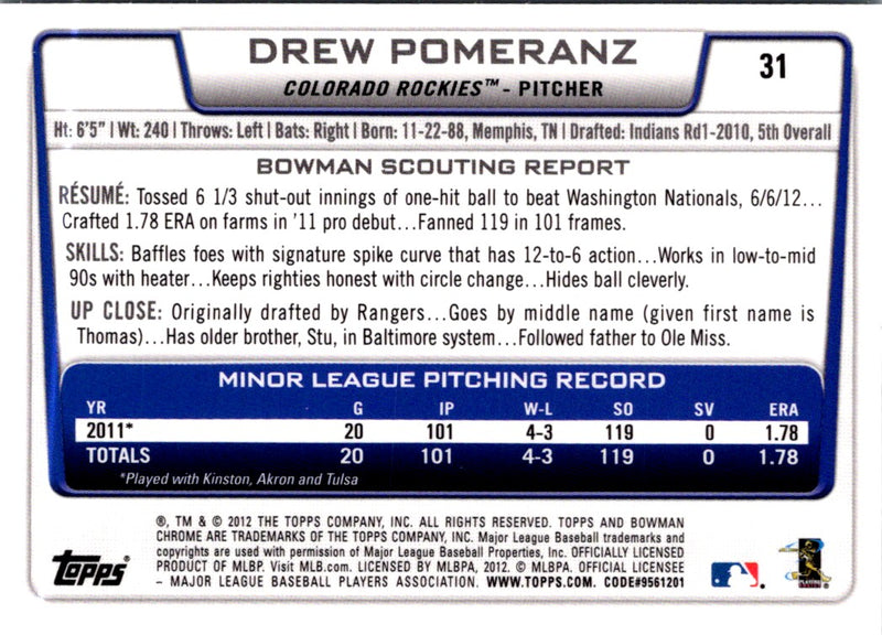 2012 Bowman Draft Picks & Prospects Chrome Drew Pomeranz