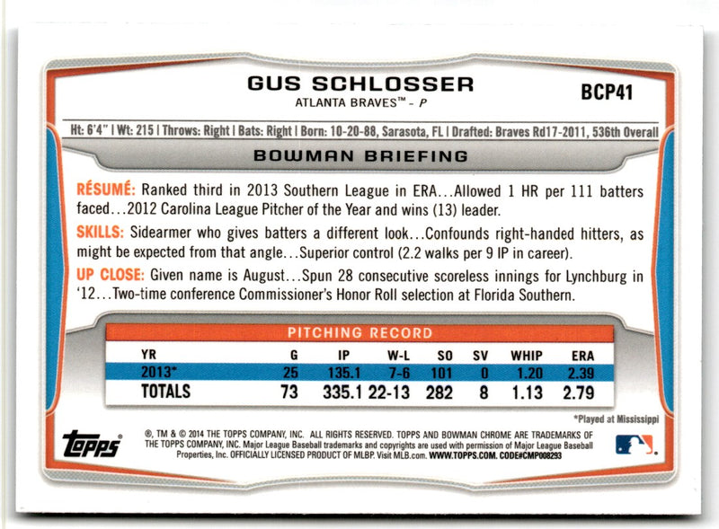 2014 Bowman Chrome Prospects Gus Schlosser