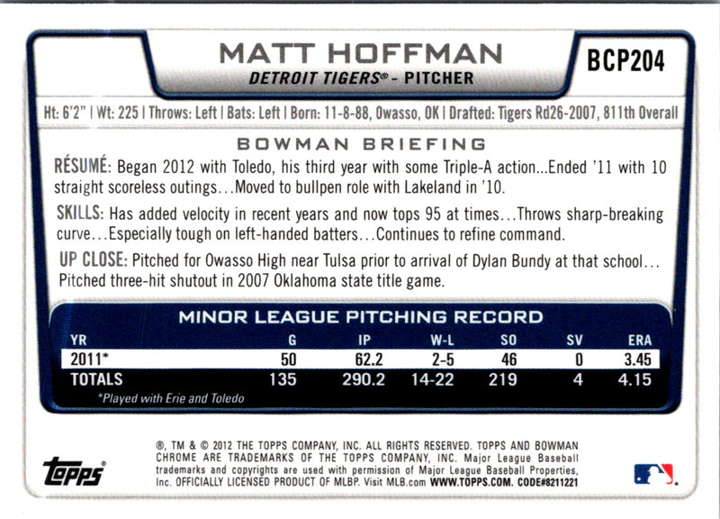 2012 Bowman Chrome Prospects Matt Hoffman